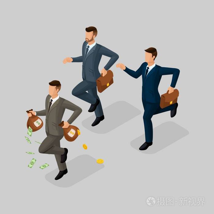 时尚等距人3d商人概念与年轻商人金钱利润黄金跑追逐金钱损失隔离在