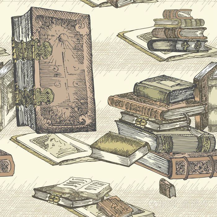 无缝图案与手绘草图复古书籍概念设计博览会或节日传单纸横幅学校图书