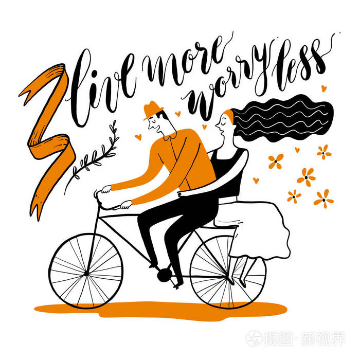 情侣在公园骑自行车收集手绘. 素描涂鸦风格的矢量插图.