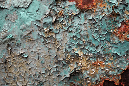 生锈的金属表面与剥落油漆和贝壳从长期水下。