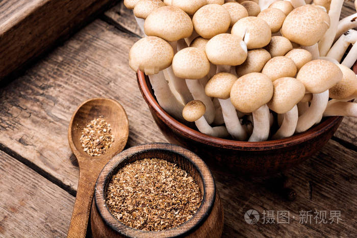 一盘森林蘑菇的香料蘑菇调味料