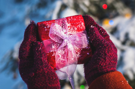 在新年树的背景下, 森林里的红色手套里拿着红色圣诞礼物的女性手。接受圣诞礼物的概念