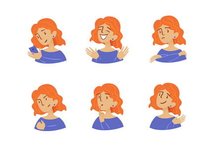 s emotions. Facial expression. Redhead girl avatar. Vector illus