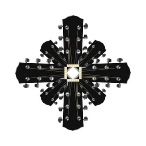 乐器交叉从头柄钉头黑色声学吉他隔离在白色背景。