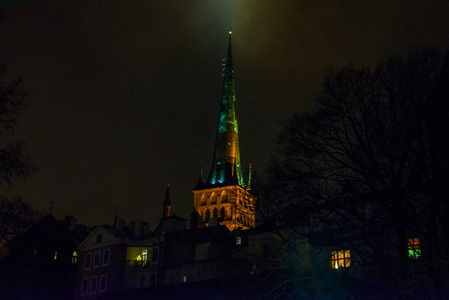 爱沙尼亚塔林圣奥拉夫教堂。 教堂的尖顶被照亮了。 美丽的古镇，晚上有房子和树。