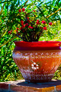 美丽的陶瓷花盆在基座上，装饰着城市空间的花朵