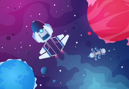 动画片空间背景.外星行星太空飞船小行星行星恒星火箭.