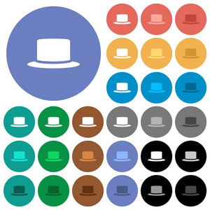 丝帽多彩色平面图标在圆形背景上。 包括白光和黑暗图标变化的悬停和主动状态效果和奖金阴影。
