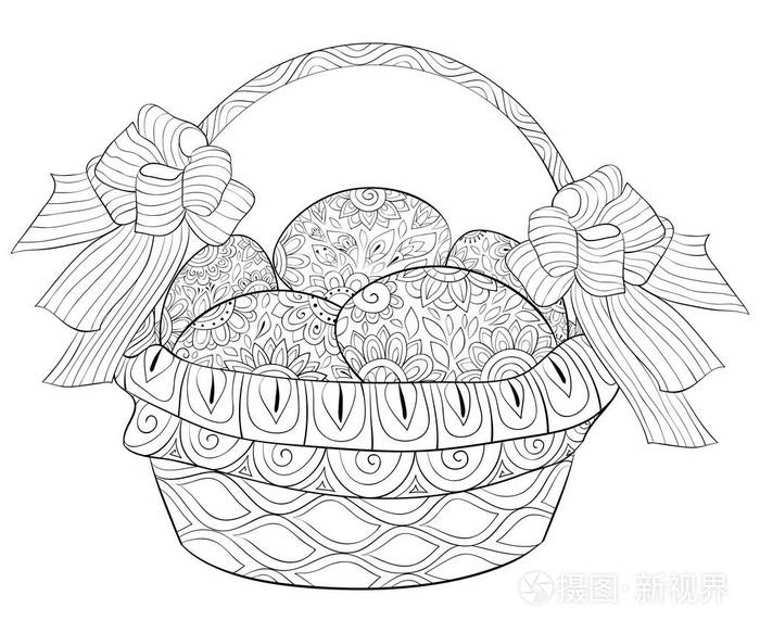 插画 复活节彩蛋与装饰在篮子图像,以放松活动.一个着色书页为成人.
