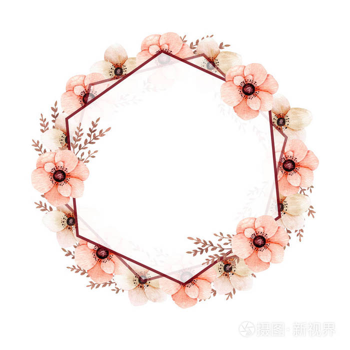 活的珊瑚色花和叶子花环 水彩画框插图 手绘插图 婚礼邀请函贺卡的设计 照片 正版商用图片167uut 摄图新视界