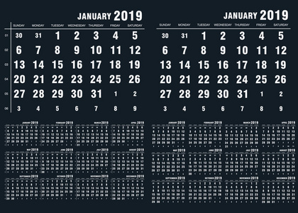 两个简单的日历2019年一周开始星期日。 矢量图。