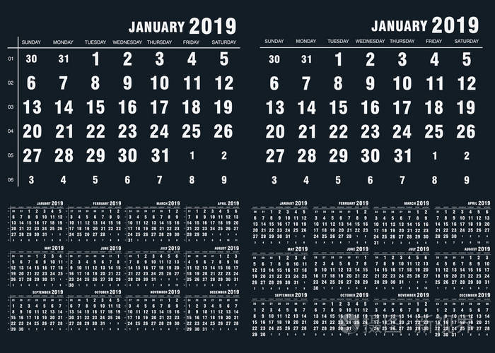 两个简单的日历2019年一周开始星期日矢量图