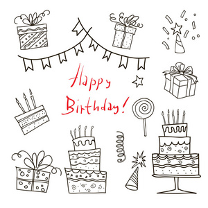 生日快乐手绘素描设置涂鸦蛋糕, 礼物和党的属性照片