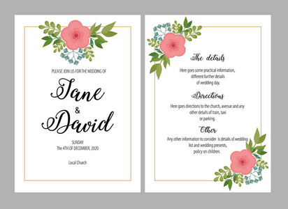 婚礼请柬设置花卉矢量插图。 卡片设计，邀请，问候婚礼。