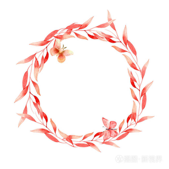 活的珊瑚色花和叶子花环 水彩画框插图 手绘插图 婚礼邀请函贺卡的设计 照片 正版商用图片 摄图新视界