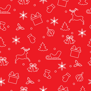 新年快乐2019和圣诞节无缝图案。 冬季插图与手套雪橇礼物雪花鹿钟圣诞袜子槲寄生圣诞树。