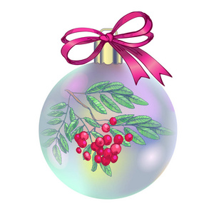 圣诞装饰品, 向量例证。红色圣诞球与排枝, 浆果和叶子。查出的冷杉树分支在白色背景