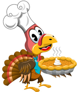 感恩节快乐火鸡，带着厨师帽，把南瓜派隔离开来