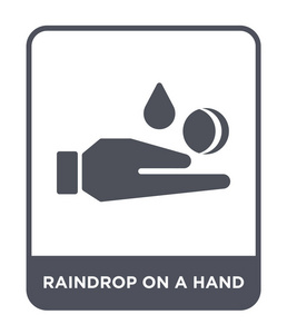 雨滴在时尚设计风格的手图标上。 雨滴在白色背景上隔离的手图标上。 雨滴在手矢量图标上简单而现代的平面符号。