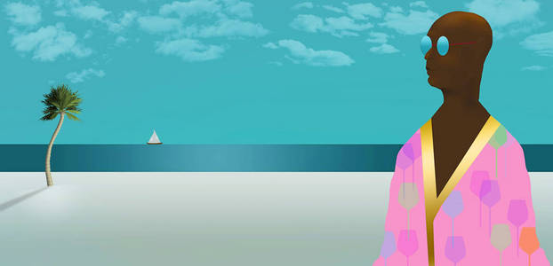 古怪的海滩服装是这幅插图的主题，一个男人穿着一件五颜六色的海滩长袍。 这是一个例子。