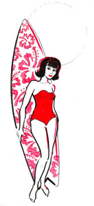 有冲浪板的漂亮女人。 油墨绘图