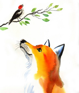 唱歌的鸟和狐狸。 墨水和水彩插图