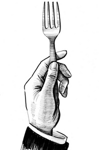 手拿叉子。 黑白墨水插图