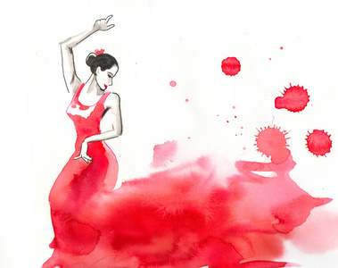 穿红色裙子的弗拉门戈舞者。 水墨和水彩插图