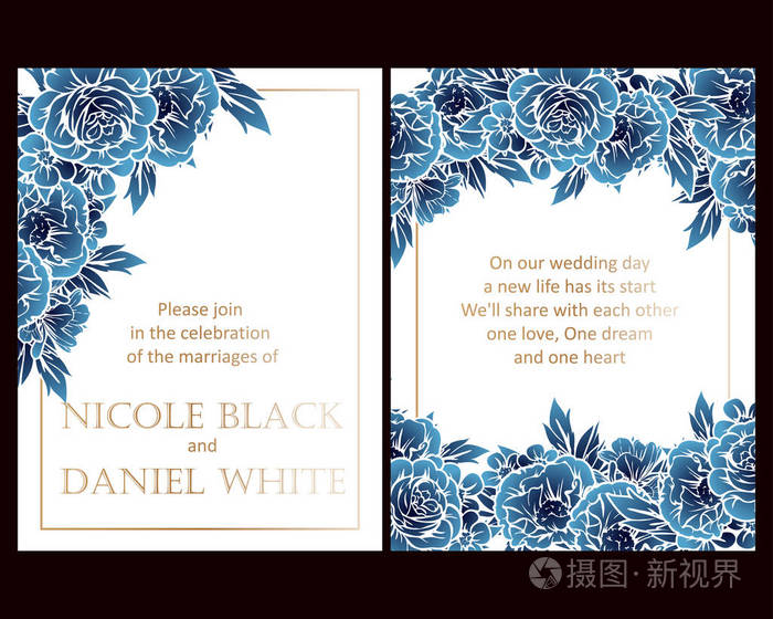 老式花深蓝色婚礼卡套。 花卉元素和框架。