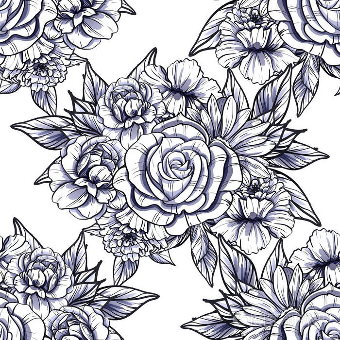 无缝复古风格的花型黑白花元素