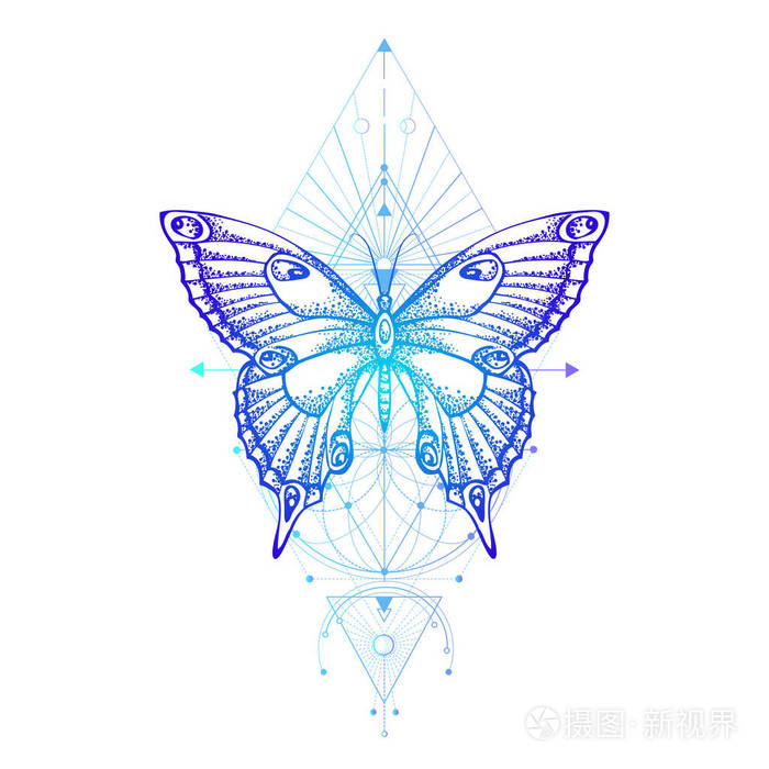 矢量插图与手绘蝴蝶和神圣的几何符号在白色背景. 抽象的神秘符号.