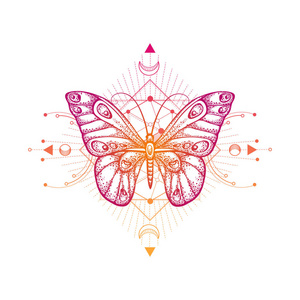 矢量插图与手绘蝴蝶和神圣的几何符号在白色背景. 抽象的神秘符号.