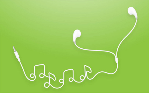 耳机耳塞式白色，音乐音符符号，由绿色渐变背景上隔离的电缆制成，带有复制空间