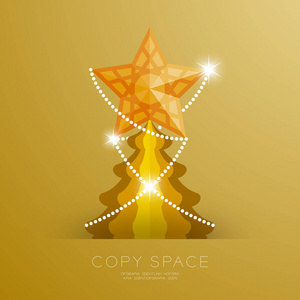 金色的星星，图案和圣诞树插图隔离在金色渐变背景上，带有复制空间