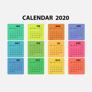 2020年日历模板2020年日历12个月。每年日历矢量设计文具模板。矢量插图