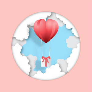 创意情人节明信片矢量插图纸裁剪风格背景。 心形气球和云底海报销售提供网页横幅海报传单小册子模板。