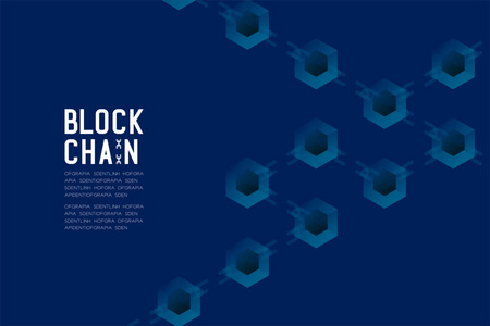 区块链技术3D等距虚拟系统离线概念设计插图隔离在深蓝色背景和区块链文本与复制空间矢量EPS10