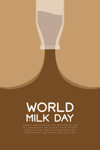 巧克力牛奶风味瓶浇注世界牛奶日概念平面设计插图与棕色背景与复制空间矢量EPS10