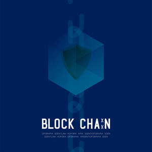 区块链技术3D等距虚拟不安全系统概念设计插图隔离深蓝色背景和区块链文本与复制空间矢量EPS10