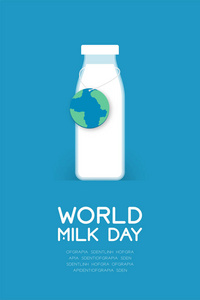牛奶瓶和全球标签装饰世界牛奶日概念平面设计插图与蓝色背景与复制空间矢量EPS10