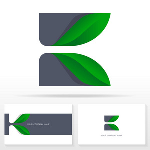 字母k标志设计矢量标志。 带有绿叶的股票矢量标志。 名片模板。