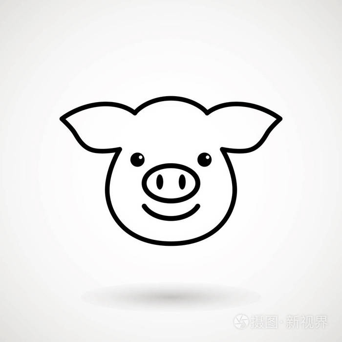 插画 猪线图标.标志小猪脸与微笑的轮廓风格.卡通猪头的图标带着微笑.
