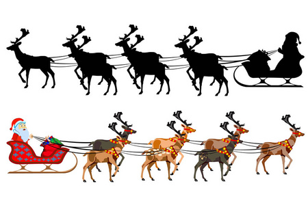 圣诞老人坐在雪橇上，带着驯鹿，带着一把礼物。圣诞老人的剪影。白色背景插图。