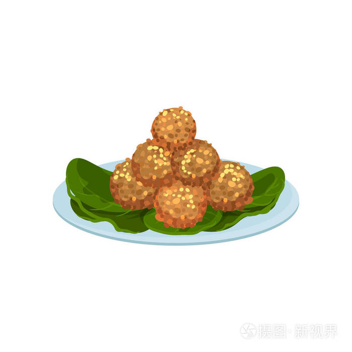 盘子里有炸肉丸.美味的小吃.食物主题.食谱或咖啡菜单的平面向量