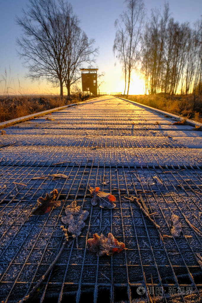 一片草地上通往鸟塔的木路上的霜叶在日出时拍摄了一个初冬的早晨