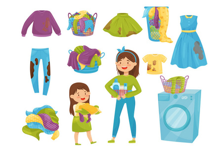 篮子里有脏衣服洗衣机.做家务的卡通女孩照片