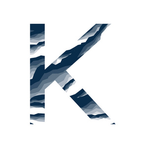 字母K，在字母表中抽象背景大理石，树皮，山，石层设置深蓝色阴影颜色隔离在白色背景上。