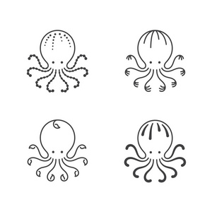 章鱼图标轮廓笔画集设计插图黑白背景隔离，矢量eps10