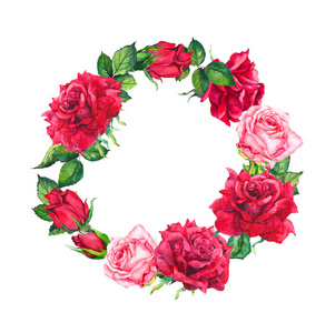红色和粉红色的玫瑰花花环。花圆边框。情人节, 婚礼, 保存日期卡的水彩画