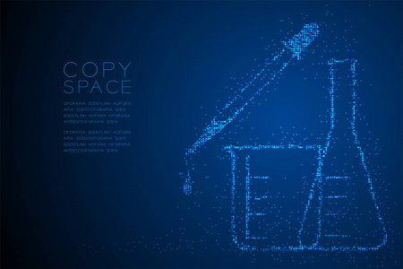 抽象几何圆点图案滴管，烧杯和烧瓶形状，科学实验室设备概念设计蓝色插图隔离在蓝色梯度背景与复制空间，矢量EPS10